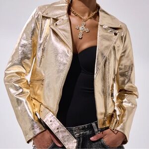 AKIRA Dripping In Gold Crop Zip Up Moto Faux Leather Jacket Coat Party Holiday M